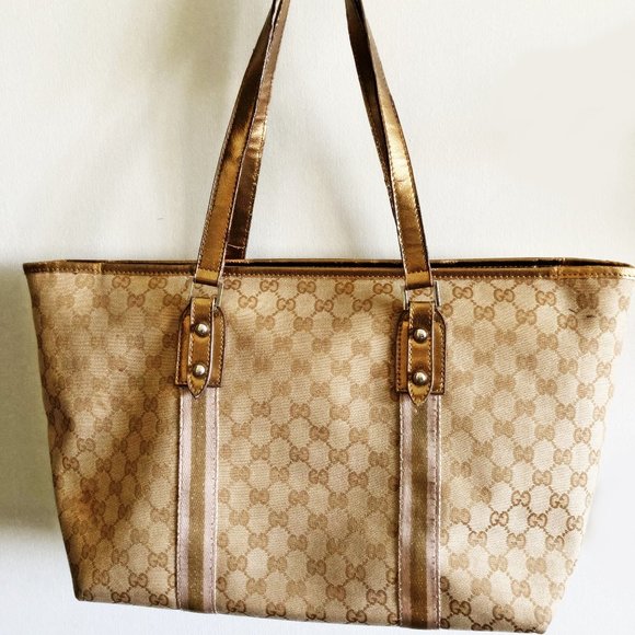 Auth Gucci GG Monogram Tote Bag Beige Brown Canvas with Bronze/Gold Leather Trim